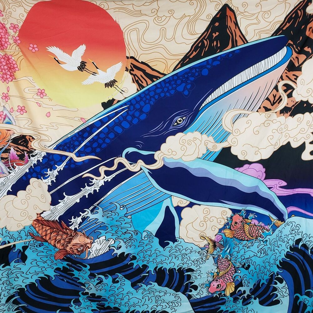 Japanese Ukiyo-e Whale Wall Tapestry 60" x 82" Whimsical Koi Fish Cranes Waves